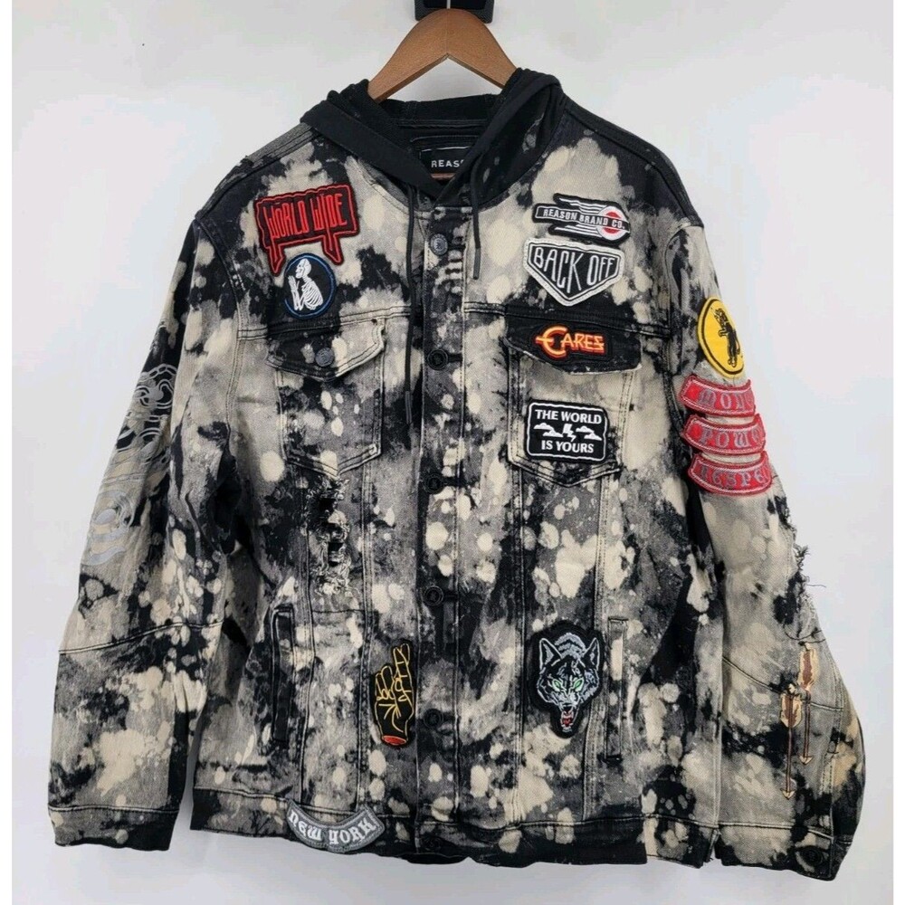 Reason Clothing Mulberry Moto Hooded Denim Jacket Patchwork 2XL Bleach Wash